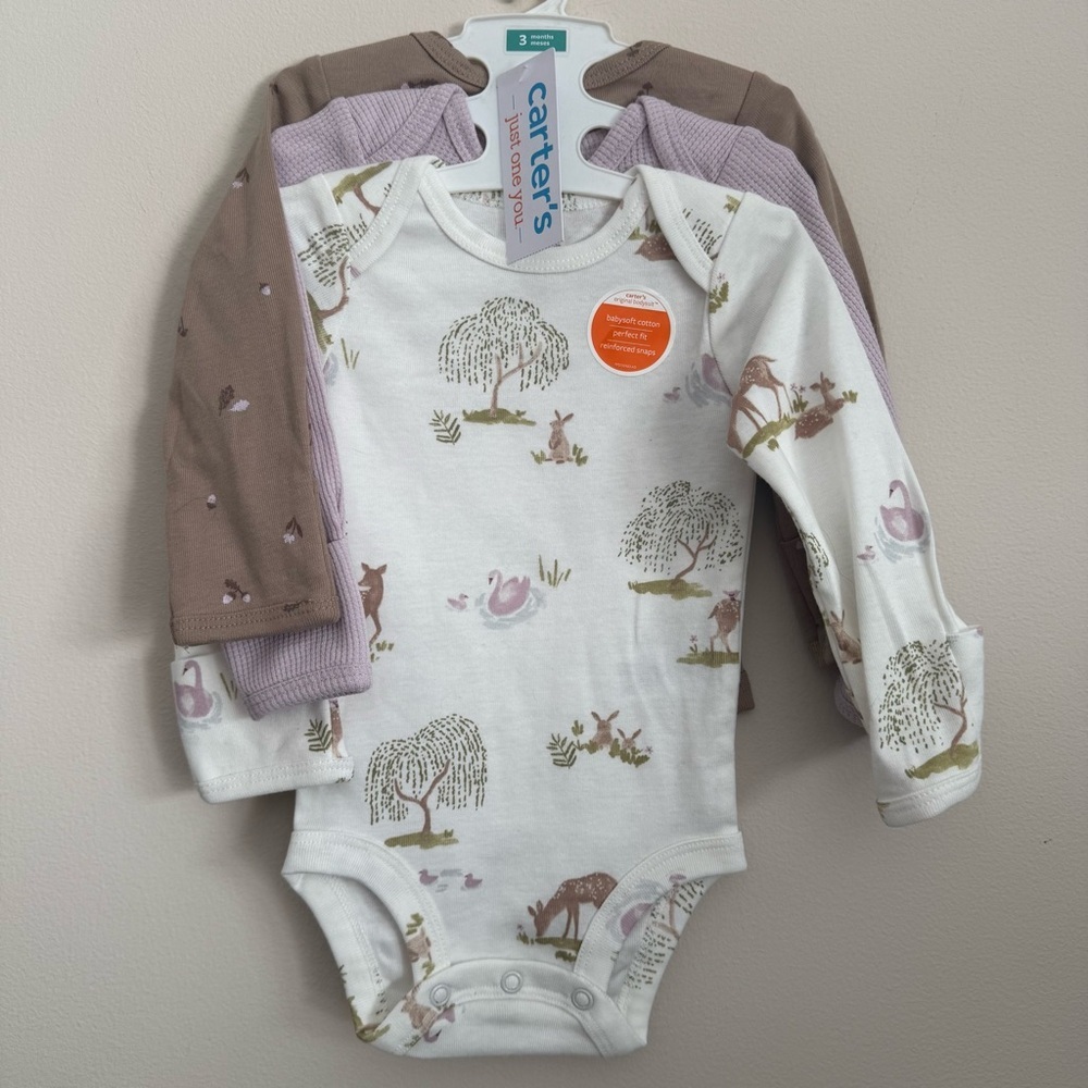 NWT Carter's 3 months Girls 3 Pack Cotton Bodysuits Long Sleeve Deer Purple